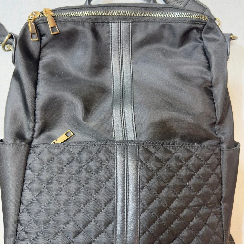 Black Quilted Nylon‎ Convertible Backpack Crossbody Bag Gold Hardware 13in